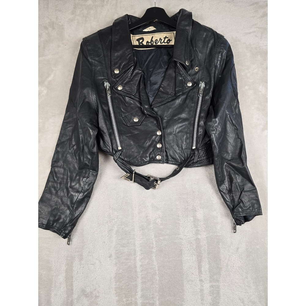 Vintage Roberto Leather Moto Jacket Women M Fit S Black Crop Belt Biker Military